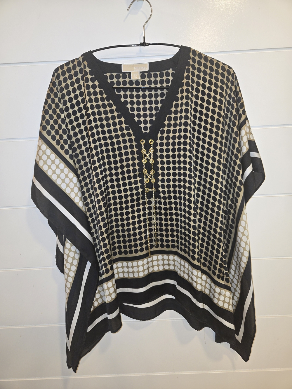 Michael Kors Black and Cream Dot-Print V-Neck Tunic with Gold Chain